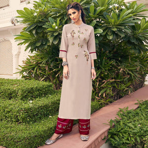 Beige Casual Wear Embroidered Heavy Rayon Kurti - Palazzo Set - Peachmode