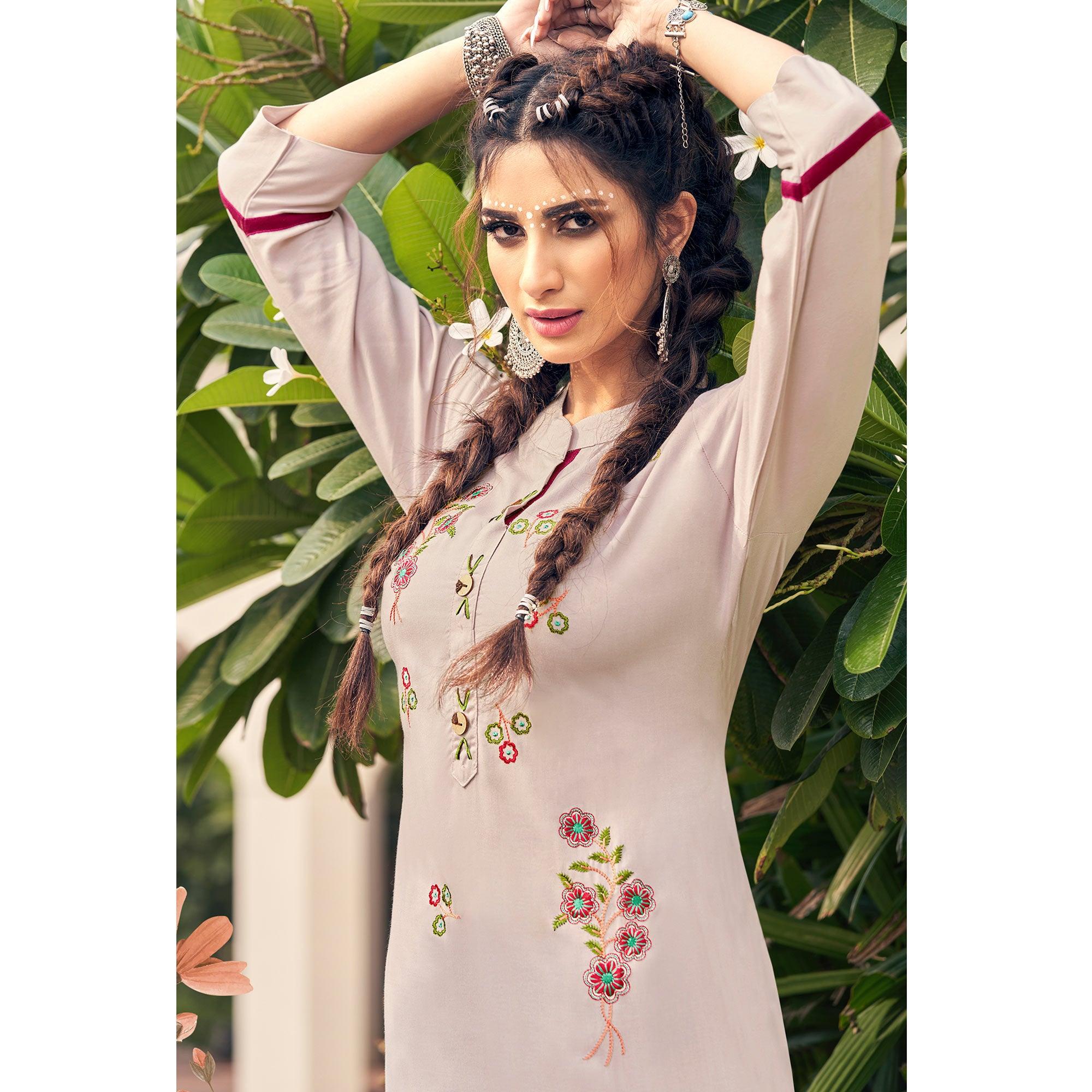 Beige Casual Wear Embroidered Heavy Rayon Kurti - Palazzo Set - Peachmode