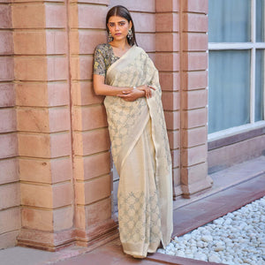 Beige Casual Wear Embroidered Linen Saree - Peachmode
