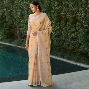 Beige Casual Wear Embroidered Linen Saree - Peachmode