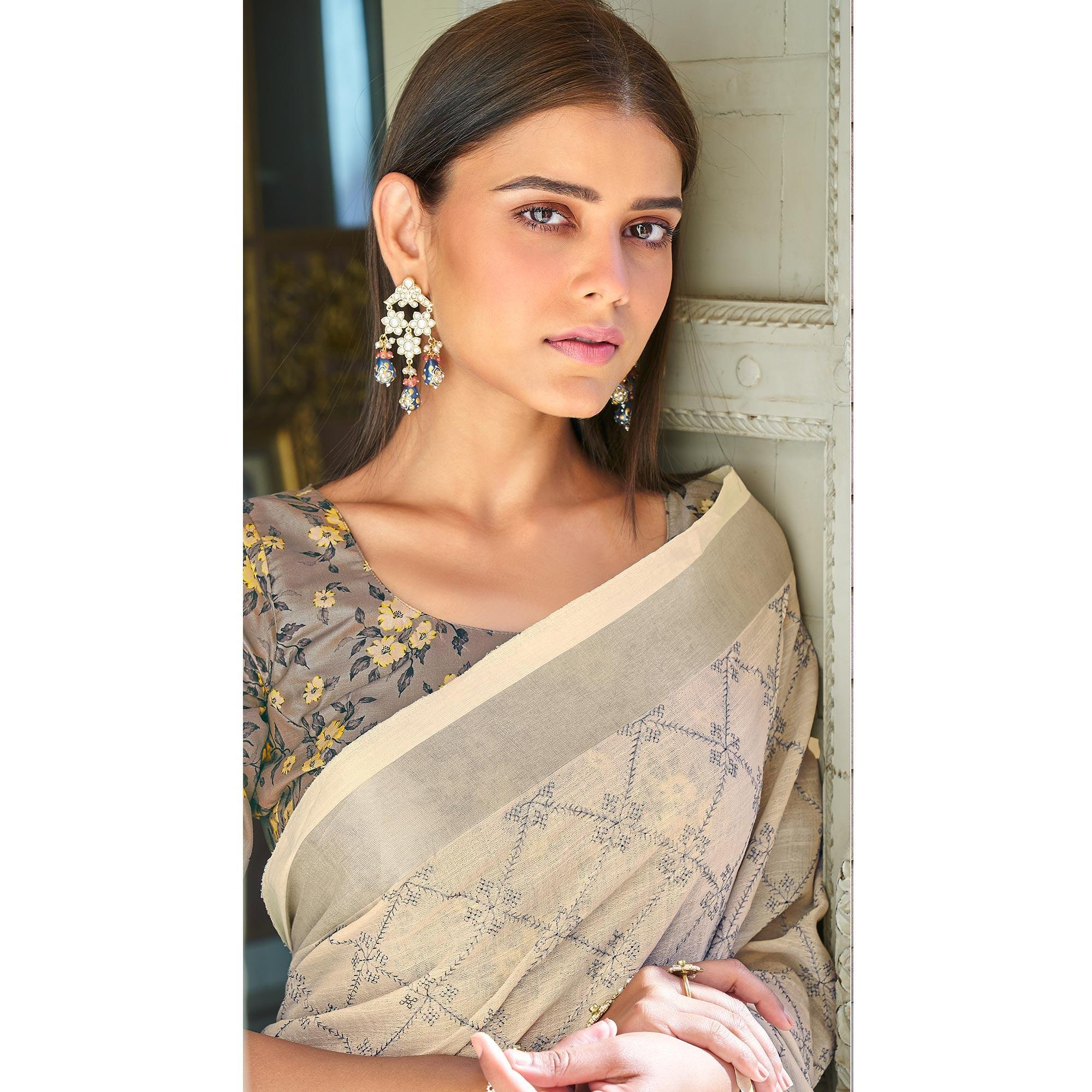 Beige Casual Wear Embroidered Linen Saree - Peachmode