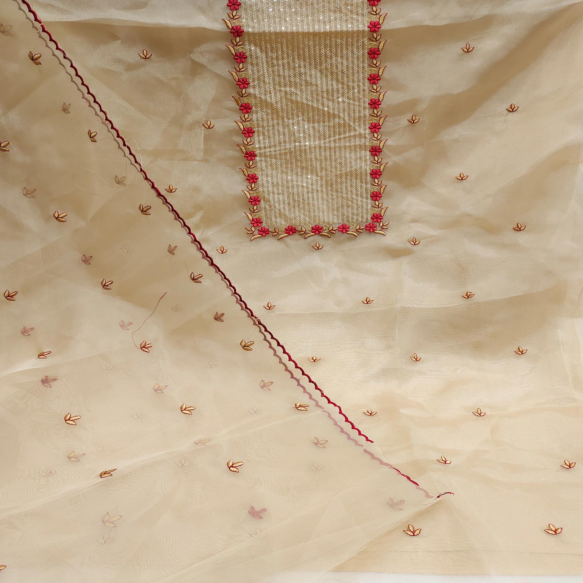 Beige Casual Wear Embroidered Organza Dress Material - Peachmode