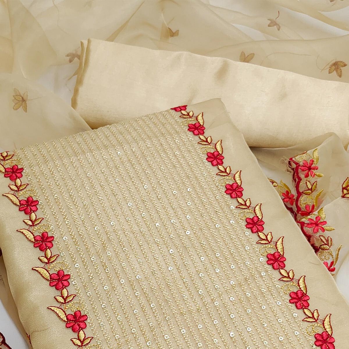 Beige Casual Wear Embroidered Organza Dress Material - Peachmode