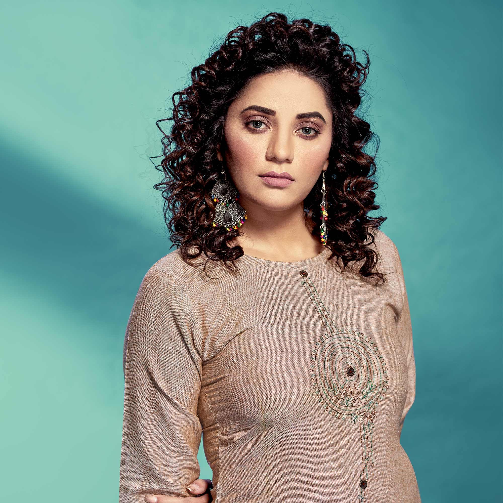 Beige Casual Wear Embroidered Pure Cotton Kurti - Peachmode