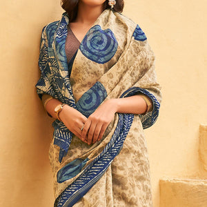 Beige Casual Wear Fancy Printed Linen Saree - Peachmode
