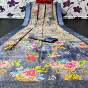 Beige Casual Wear Floral Digital Printed Linen Saree With Satin Border - Peachmode