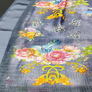 Beige Casual Wear Floral Digital Printed Linen Saree With Satin Border - Peachmode