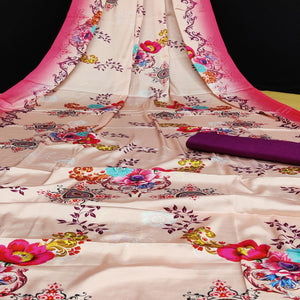 Beige Casual Wear Floral Digital Printed Satin Saree - Peachmode