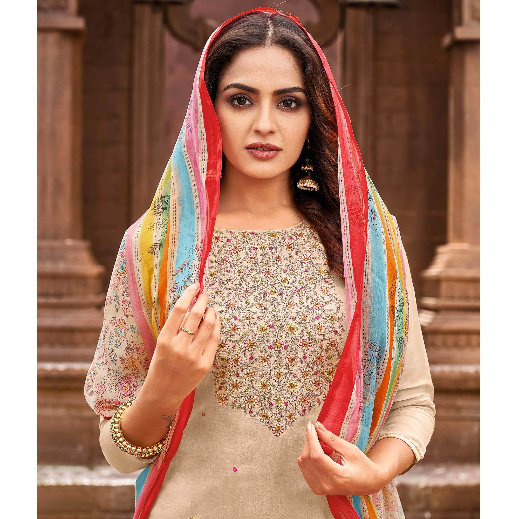 Beige Casual Wear Floral Embroidered Chanderi Dress Material - Peachmode