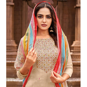 Beige Casual Wear Floral Embroidered Chanderi Dress Material - Peachmode