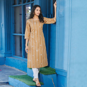 Beige Casual Wear Floral Embroidered Pure Cotton Kurti - Peachmode