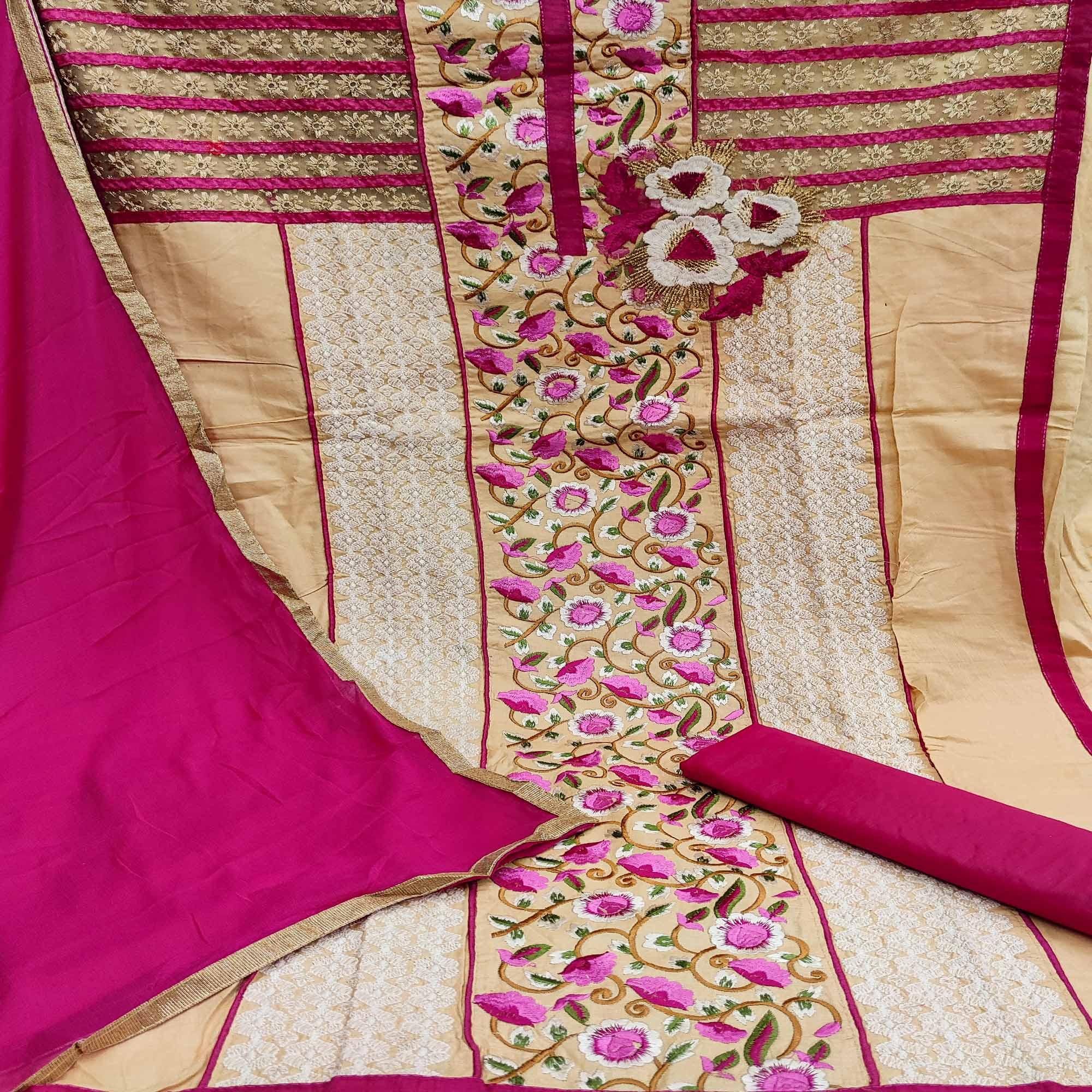 Beige Casual Wear Floral Embroidered Work Cotton Dress Material - Peachmode