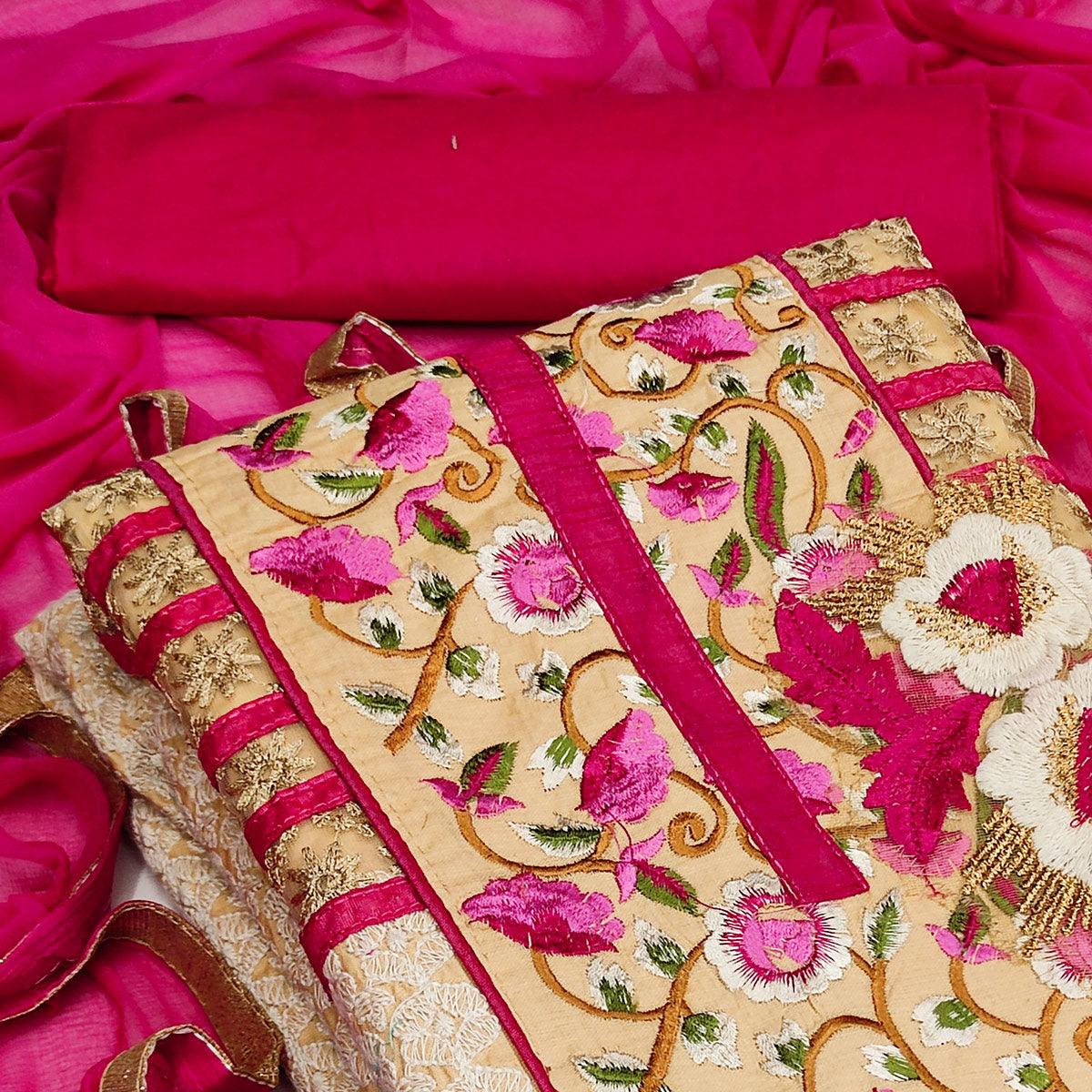 Beige Casual Wear Floral Embroidered Work Cotton Dress Material - Peachmode