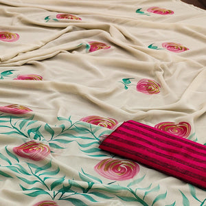 Beige Casual Wear Floral Hand Printed Georgette Saree - Peachmode