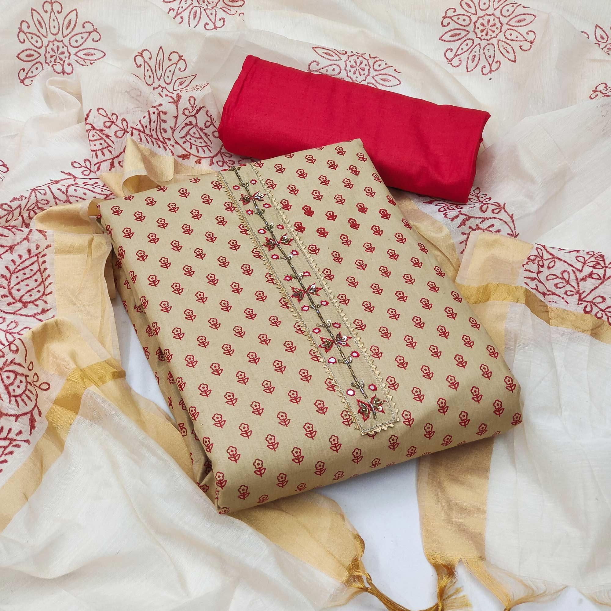 Beige Casual Wear Floral Print With Sequence Embroidered Cotton Dress Material - Peachmode