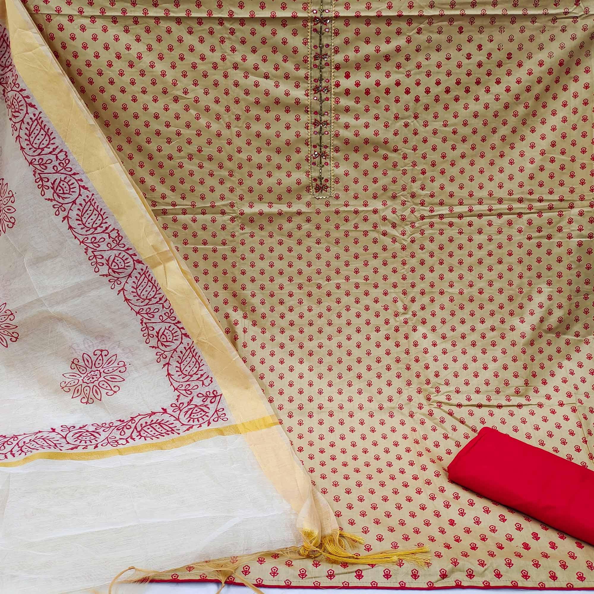 Beige Casual Wear Floral Print With Sequence Embroidered Cotton Dress Material - Peachmode