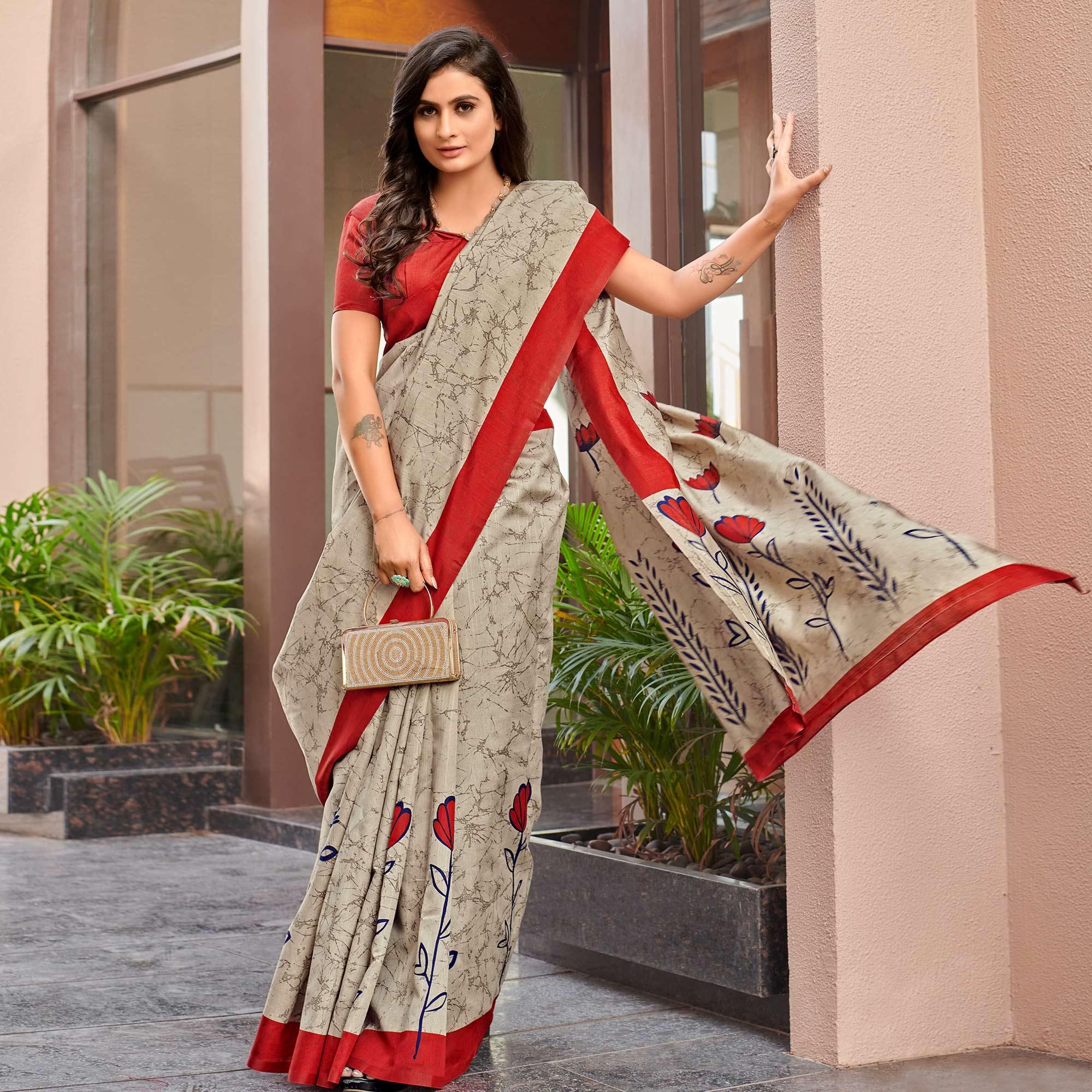 Beige Casual Wear Floral Printed Bhagalpuri Sarees - Peachmode