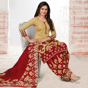 Beige Casual Wear Floral Printed Crepe Patiala Dress Material - Peachmode