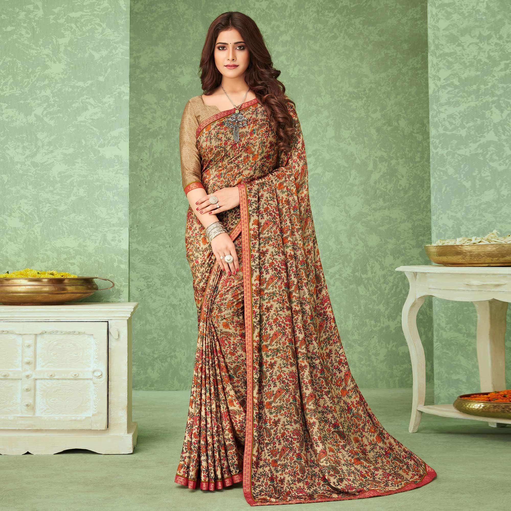 Beige Casual Wear Floral Printed Crepe Saree With Banarasi Border - Peachmode