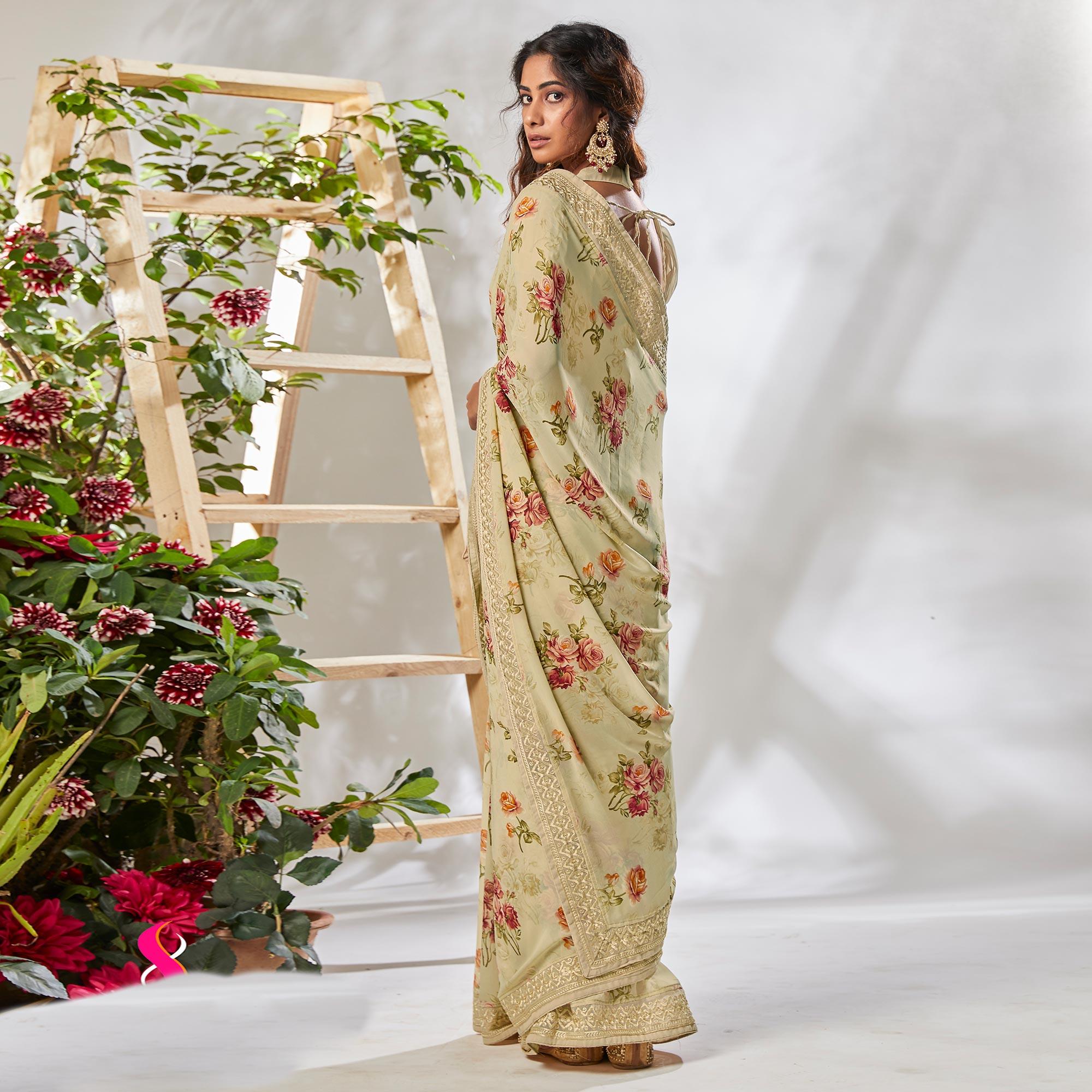 Beige Casual Wear Floral Printed Georgette Saree - Peachmode