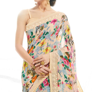 Beige Casual Wear Floral Printed Georgette Saree - Peachmode