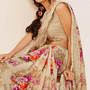 Beige Casual Wear Floral Printed Georgette Saree - Peachmode