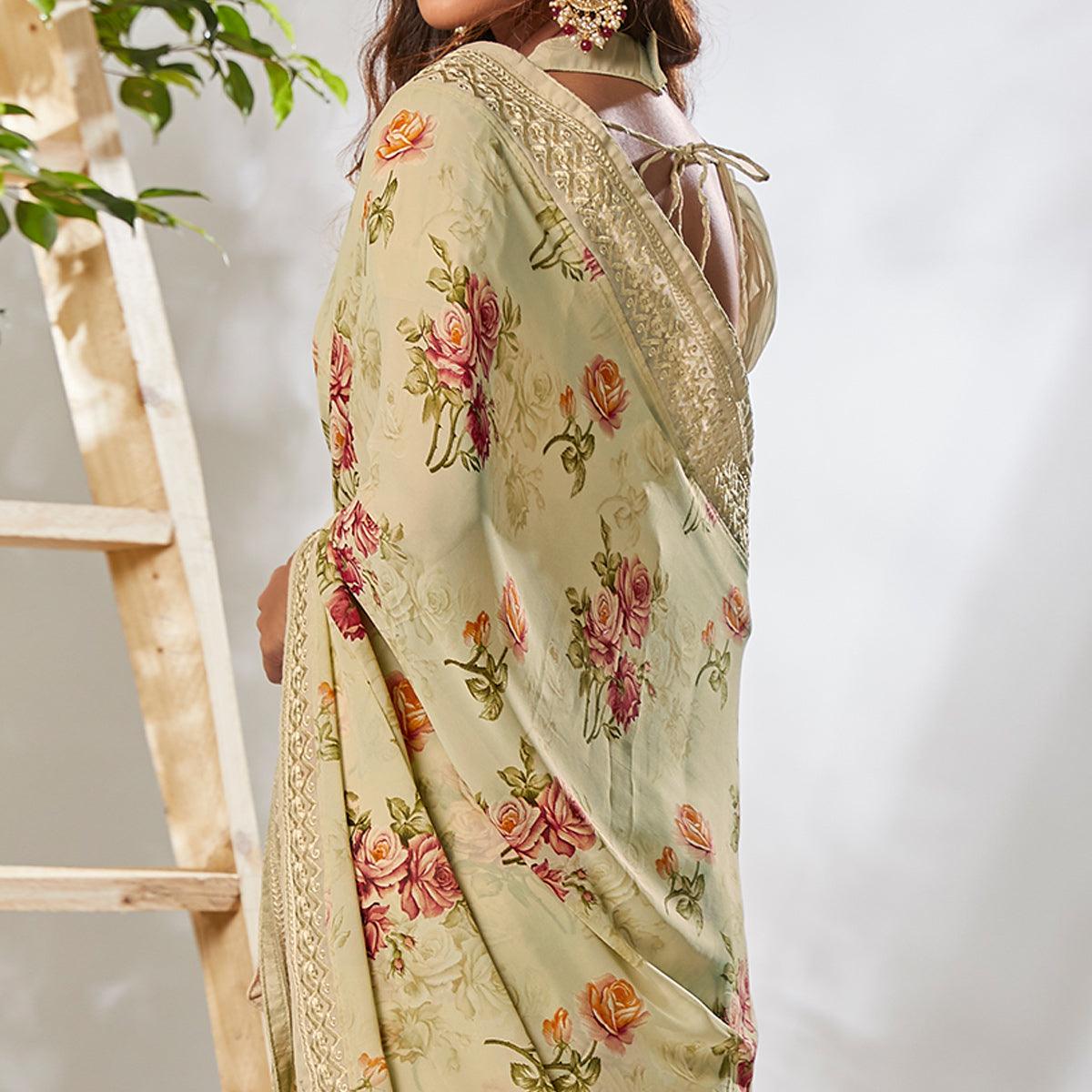 Beige Casual Wear Floral Printed Georgette Saree - Peachmode