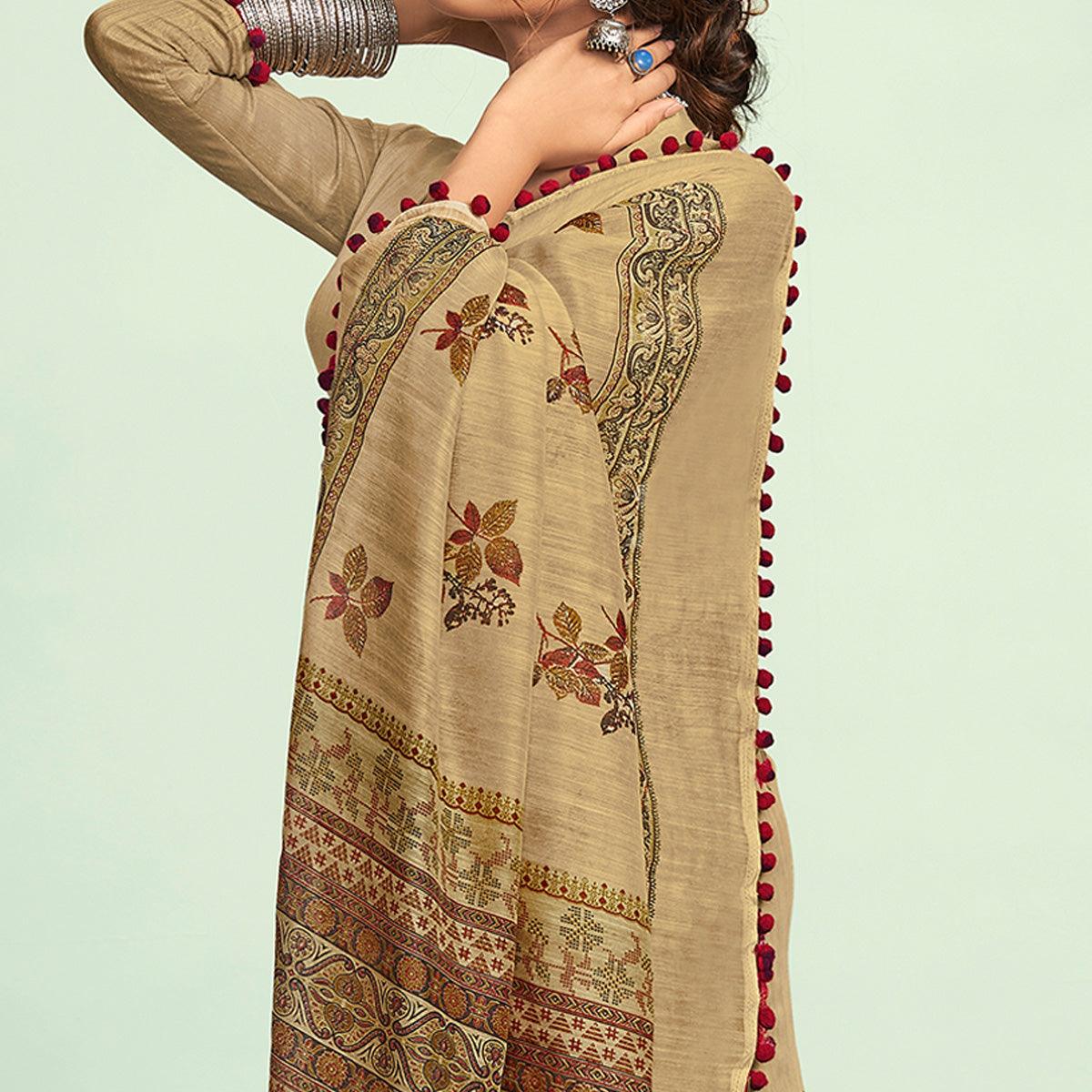 Beige Casual Wear Floral Printed Mul Mul Cotton Saree - Peachmode