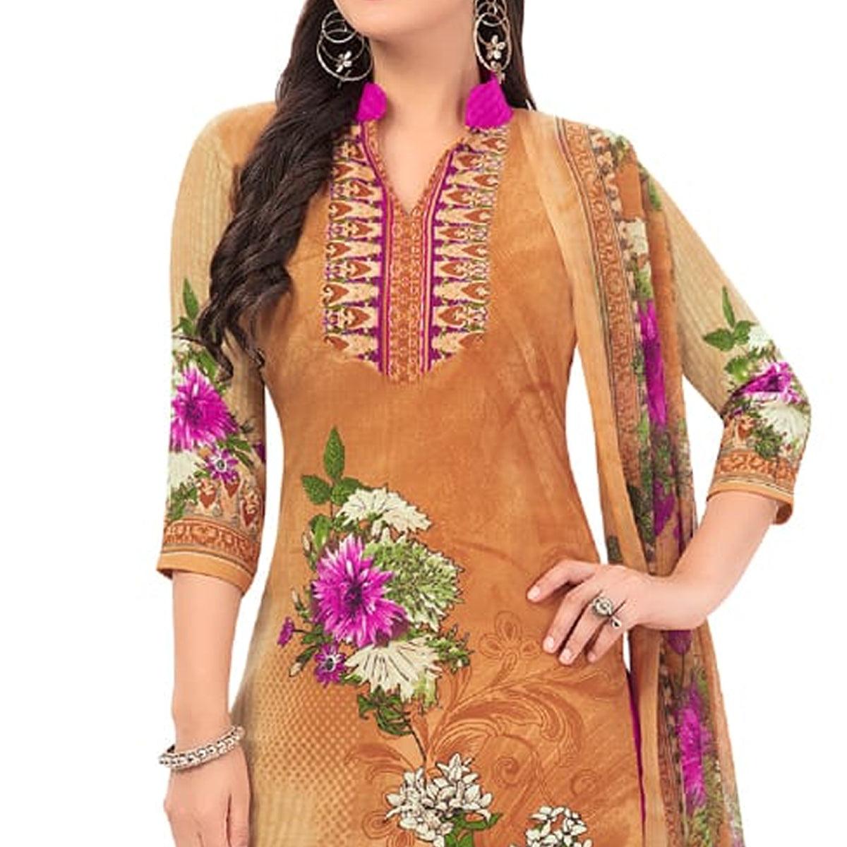 Beige Casual Wear Floral Printed Poly Crepe Dress Material - Peachmode