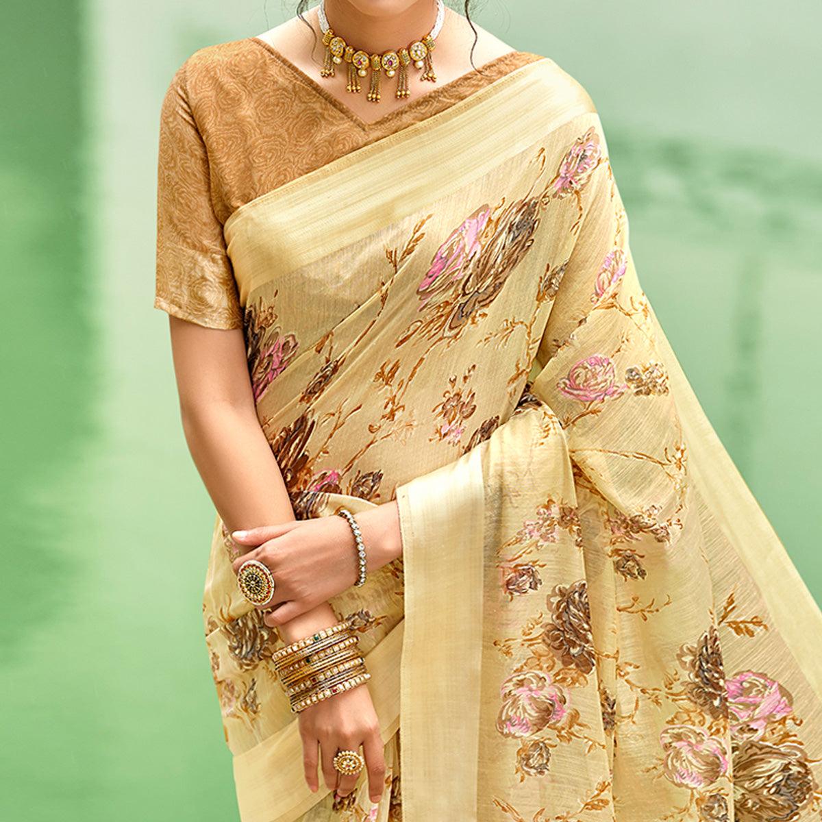 Beige Casual Wear Floral Printed Satin Saree - Peachmode