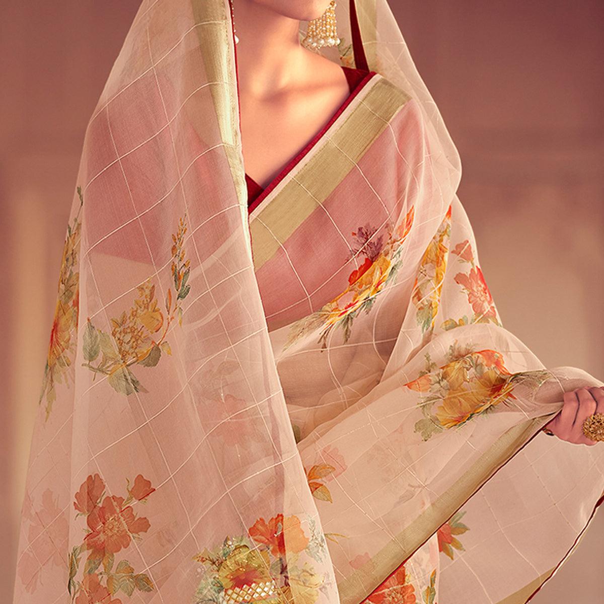 Beige Casual Wear Floral Printed With Weaving Sequence Organza Saree - Peachmode