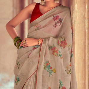 Beige Casual Wear Floral Printed With Weaving Sequence Organza Saree - Peachmode