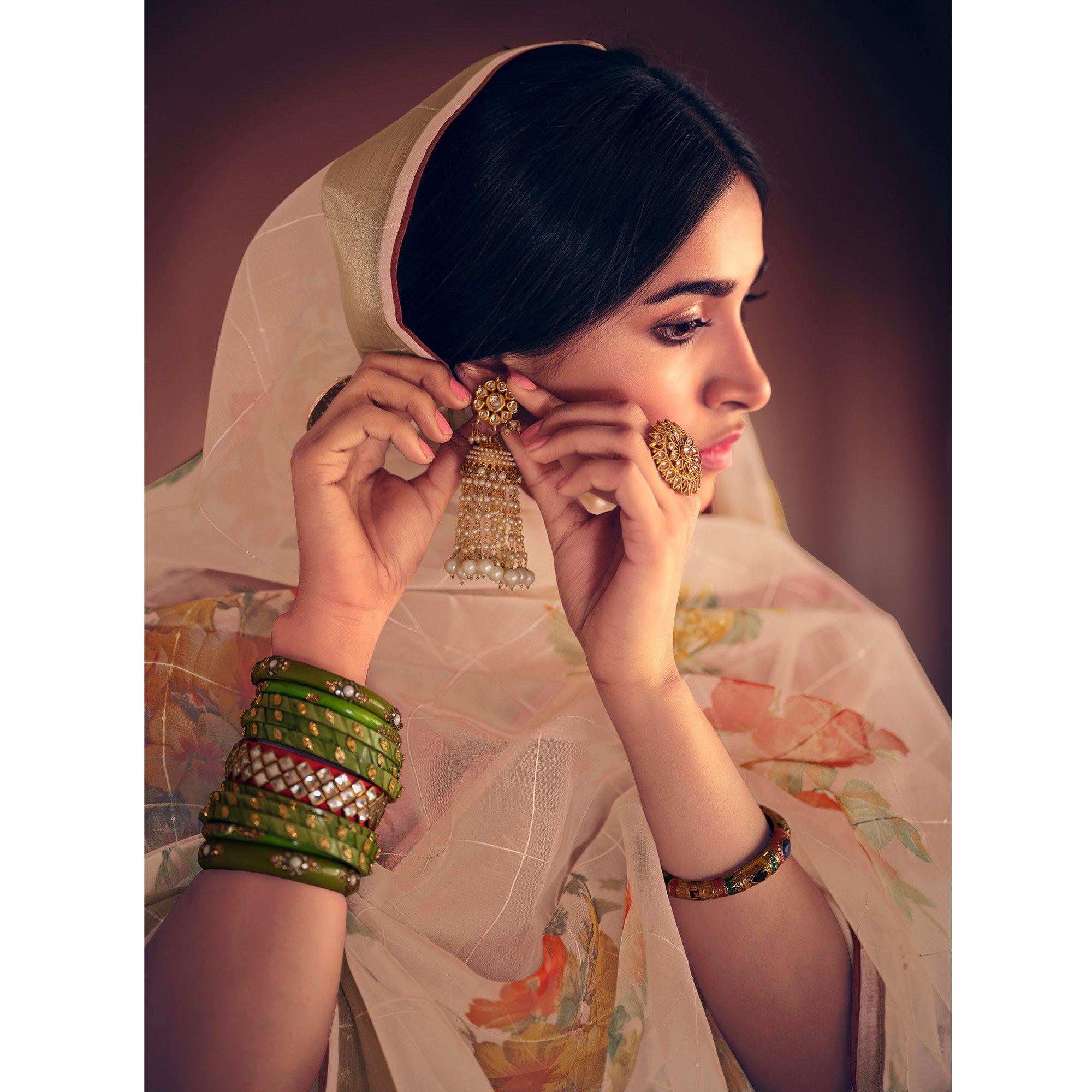 Beige Casual Wear Floral Printed With Weaving Sequence Organza Saree - Peachmode