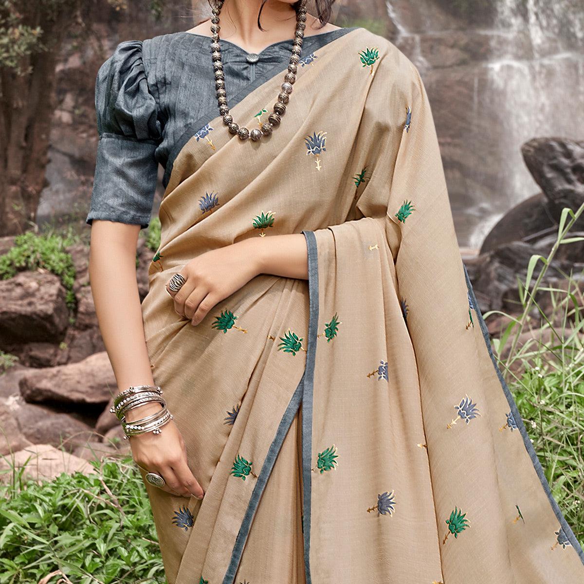 Beige Casual Wear Foil Printed Chiffon Saree - Peachmode