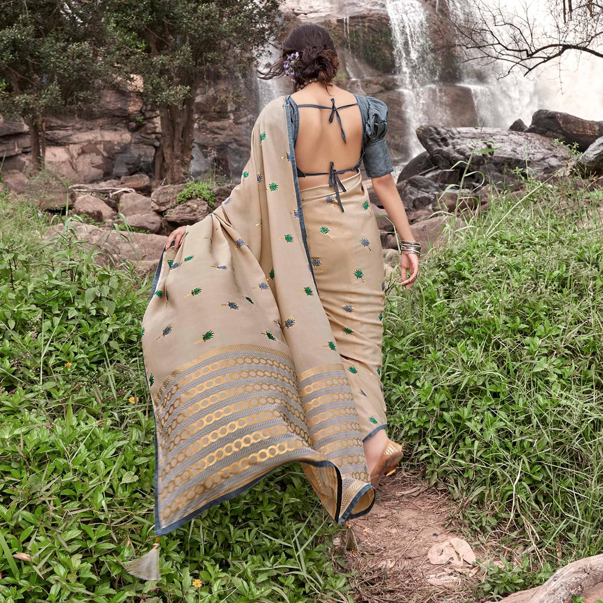 Beige Casual Wear Foil Printed Chiffon Saree - Peachmode