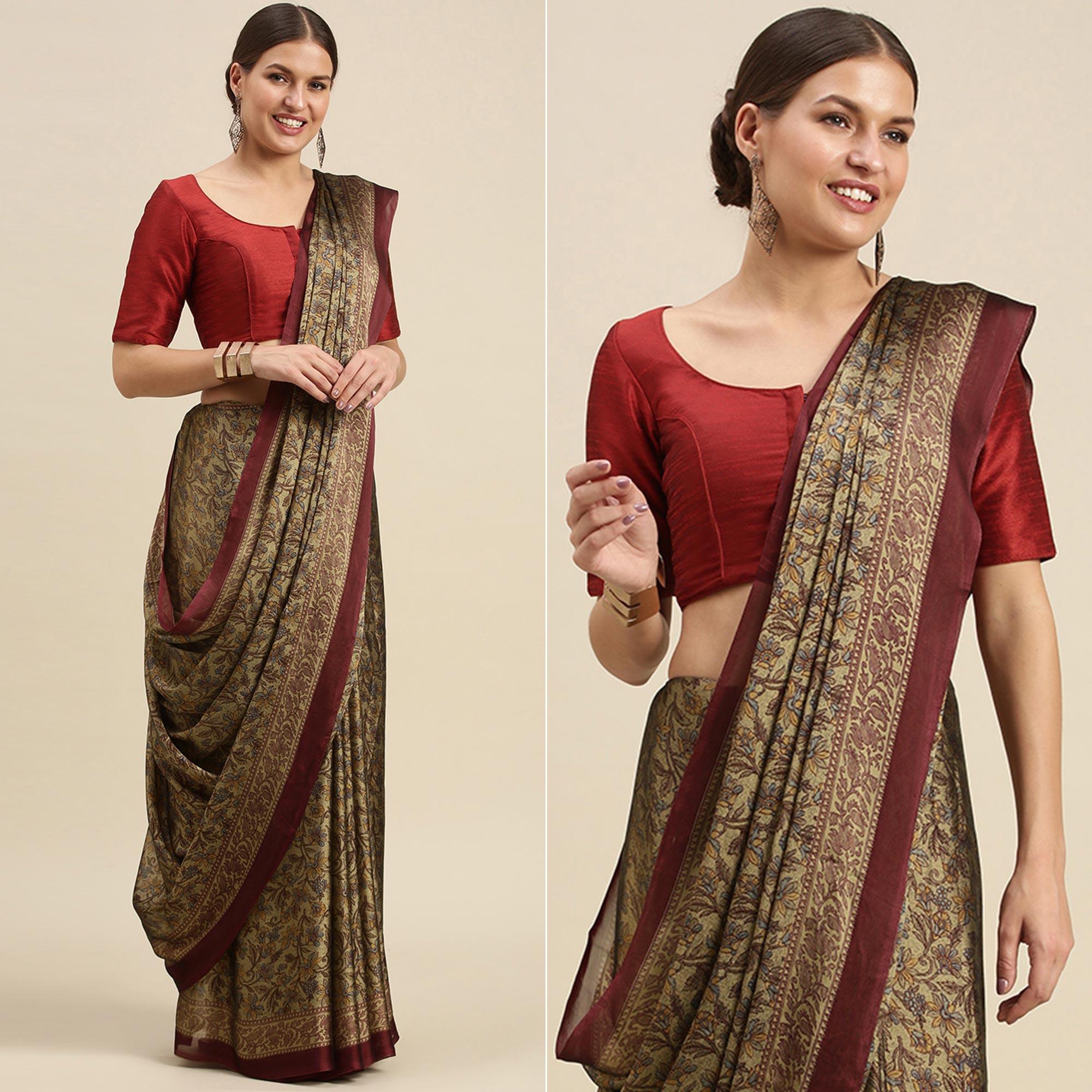 Beige Casual Wear Printed Art Silk Saree - Peachmode