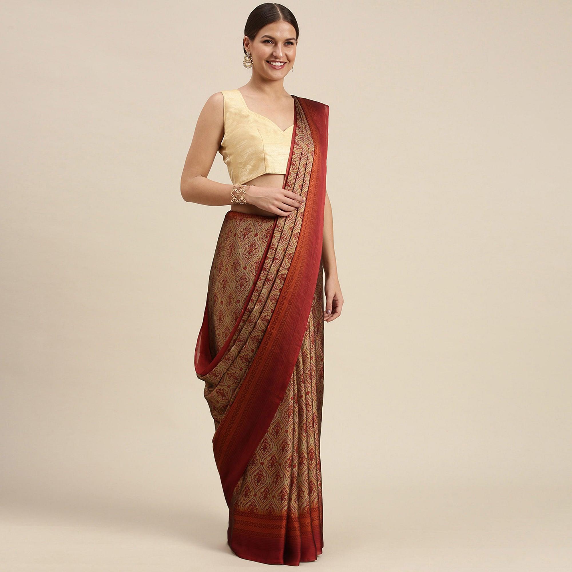 Beige Casual Wear Printed Art Silk Saree - Peachmode