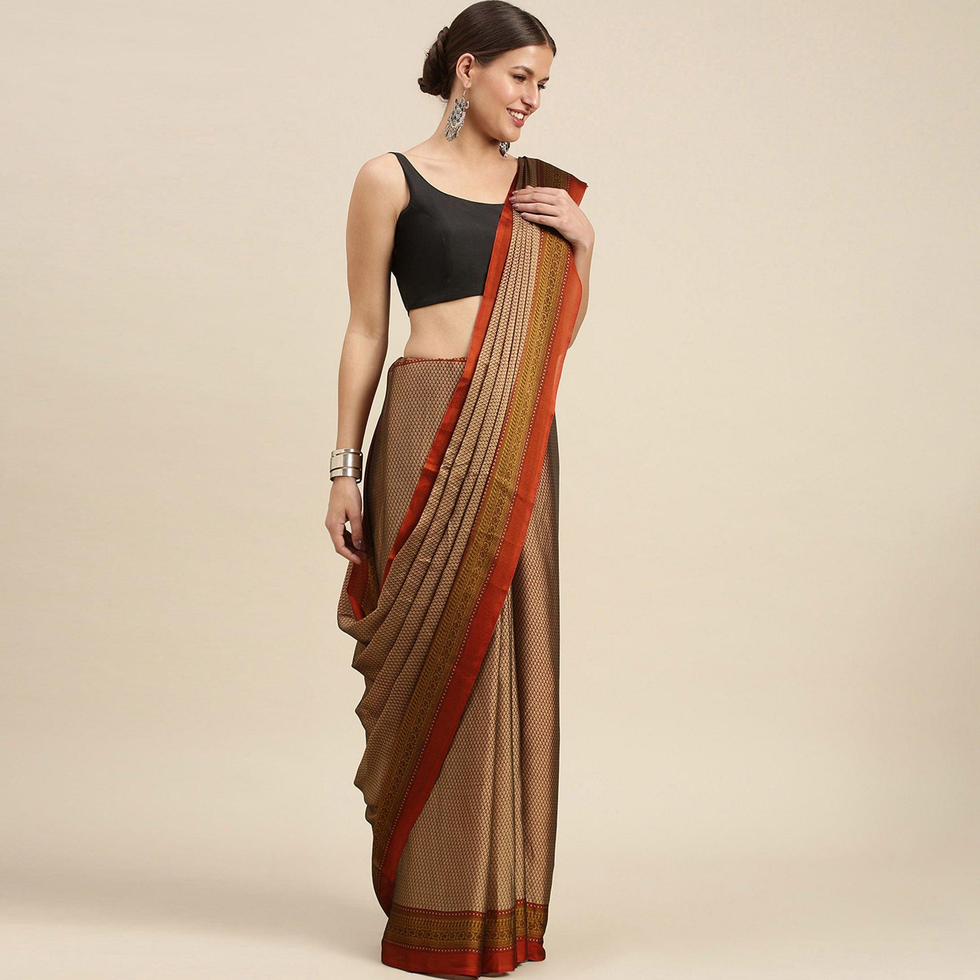 Beige Casual Wear Printed Art Silk Saree - Peachmode
