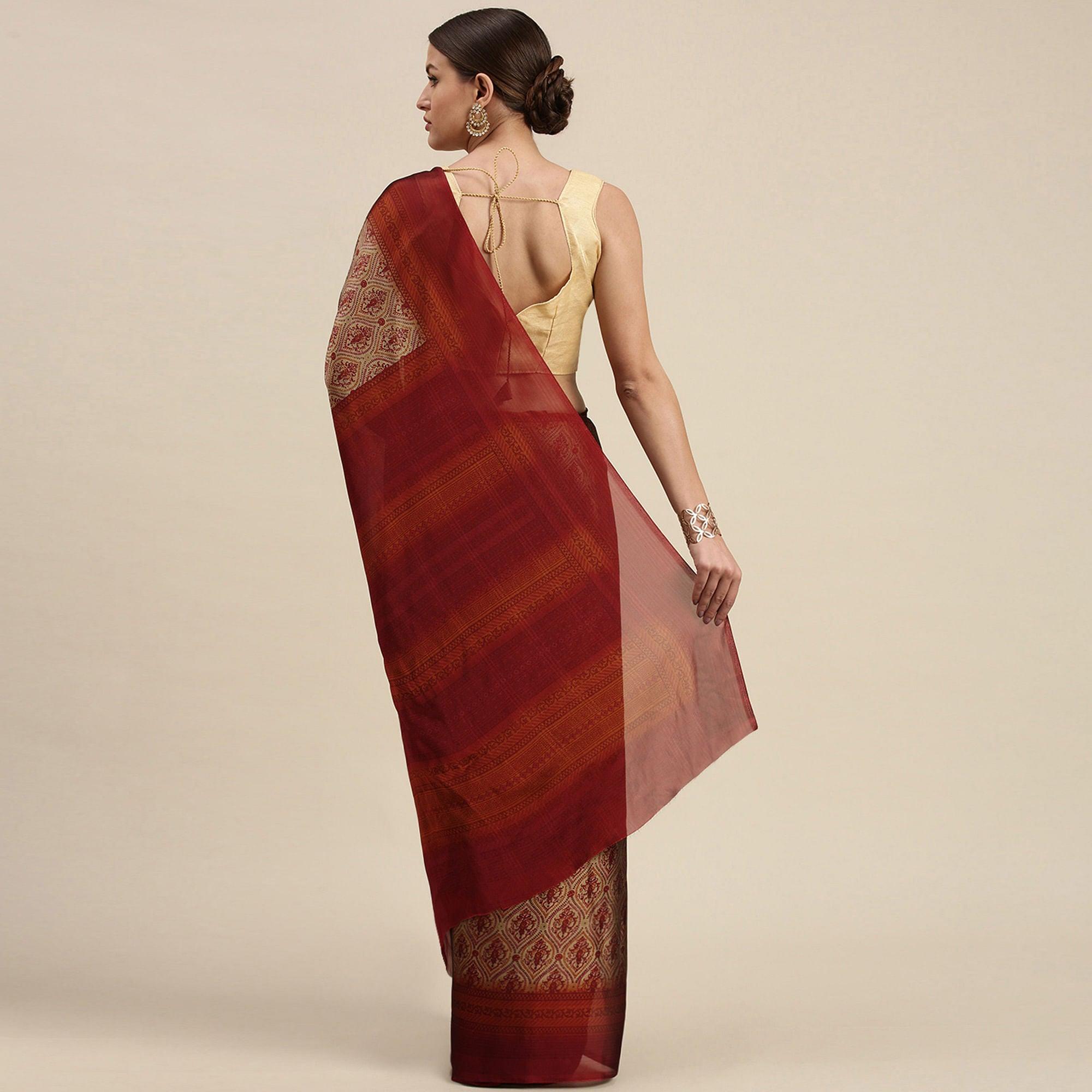 Beige Casual Wear Printed Art Silk Saree - Peachmode