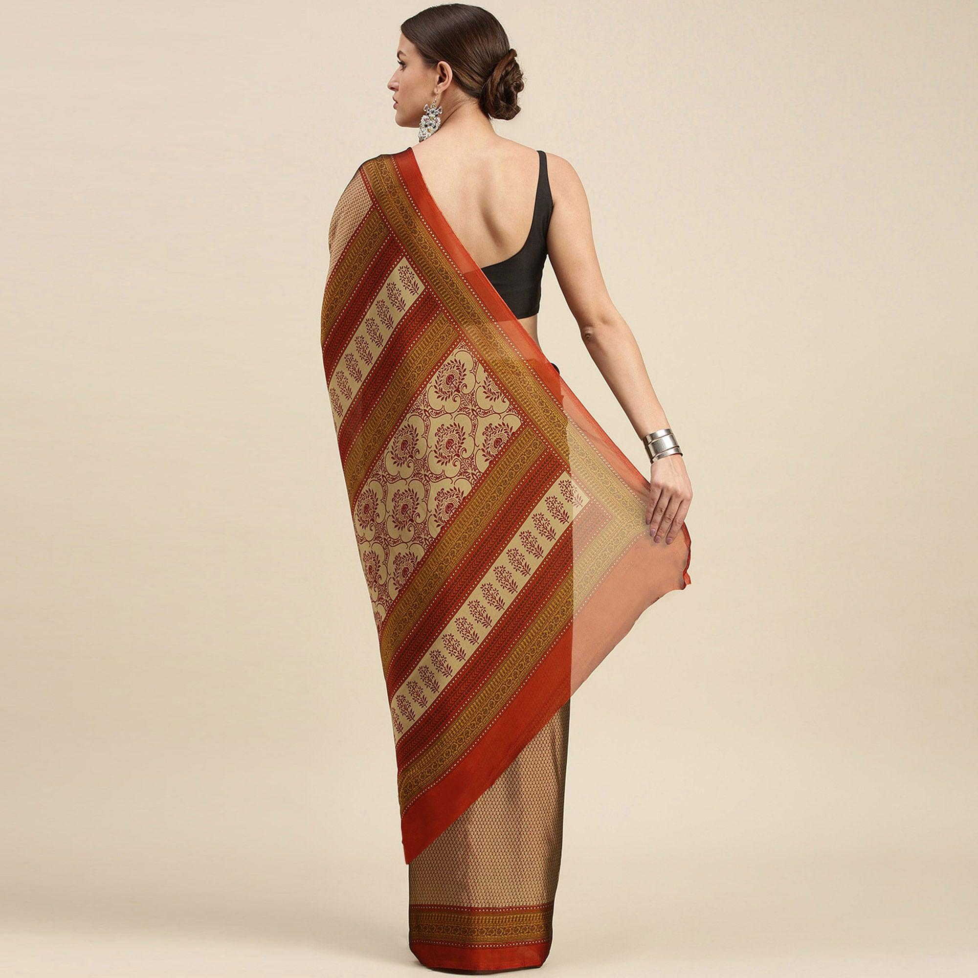 Beige Casual Wear Printed Art Silk Saree - Peachmode