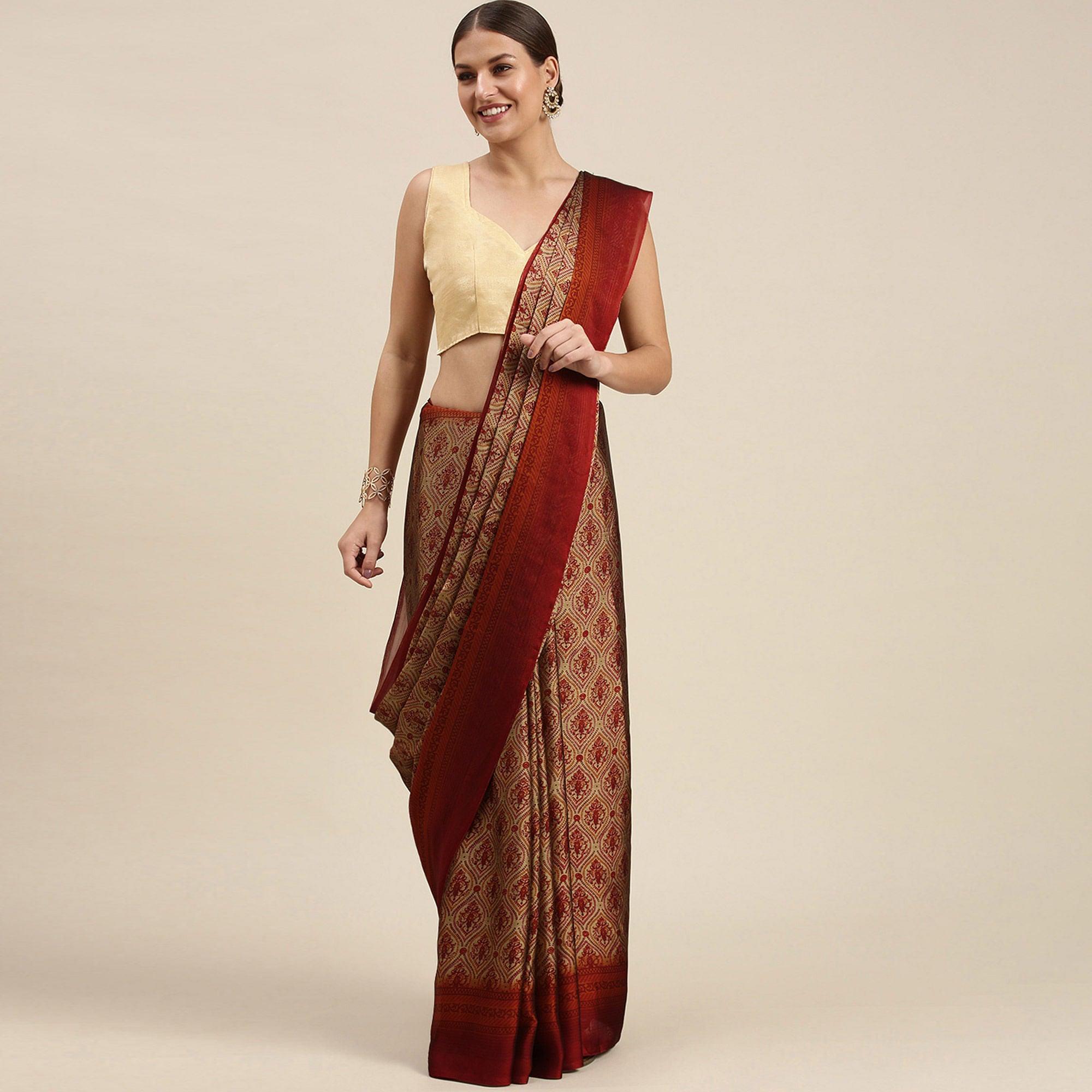 Beige Casual Wear Printed Art Silk Saree - Peachmode