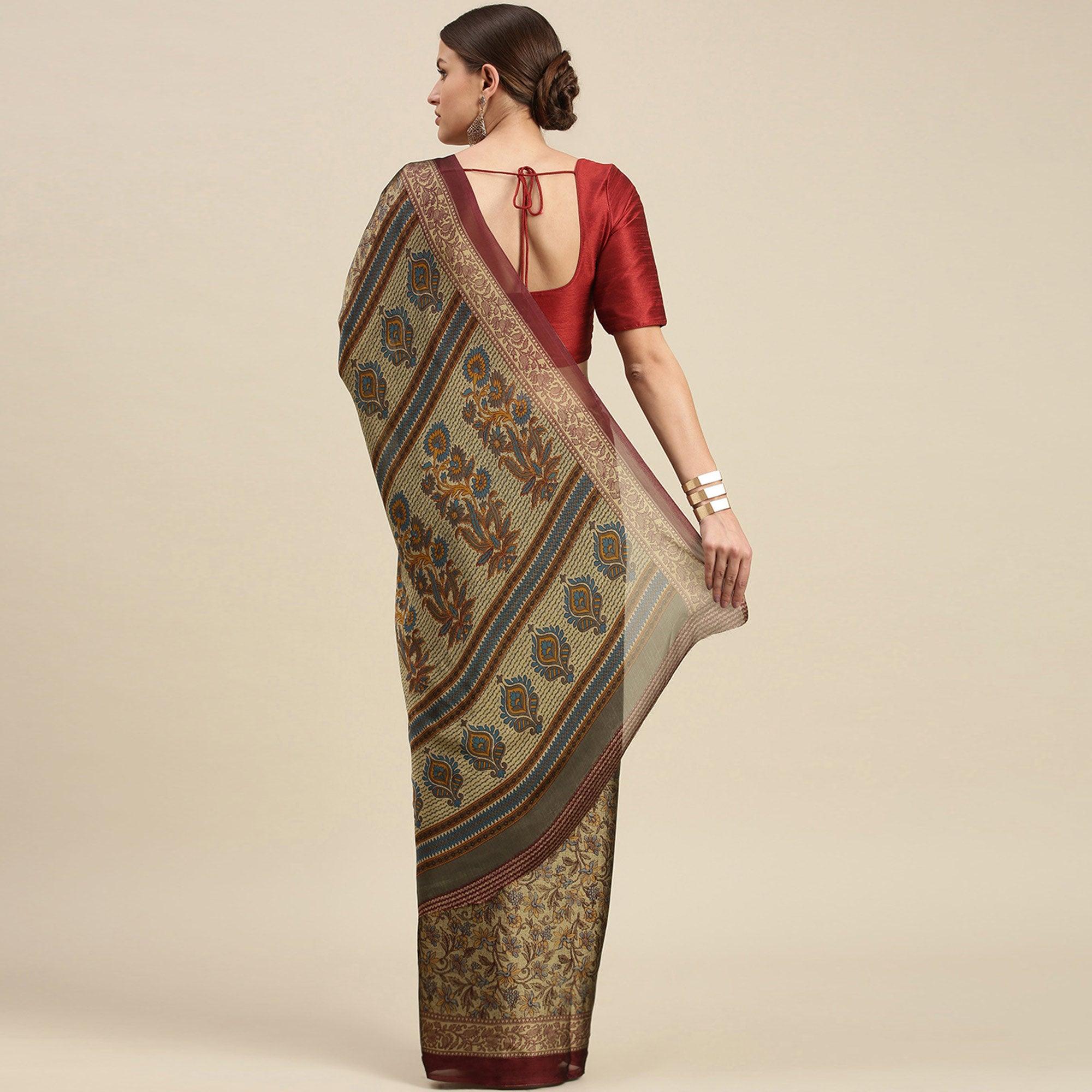Beige Casual Wear Printed Art Silk Saree - Peachmode