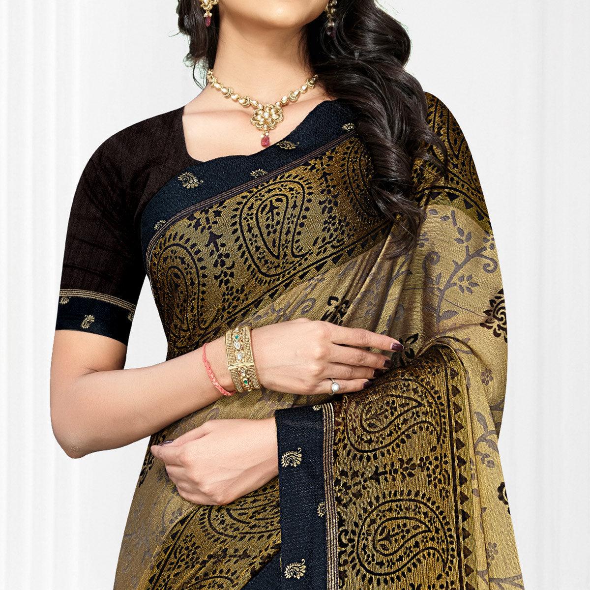 Beige Casual Wear Printed Brasso Chiffon Saree - Peachmode