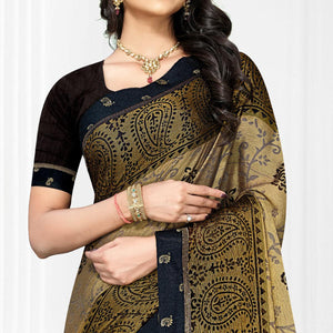 Beige Casual Wear Printed Brasso Chiffon Saree - Peachmode
