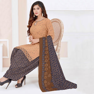 Beige Casual Wear Printed Cotton Patiala Dress Material - Peachmode