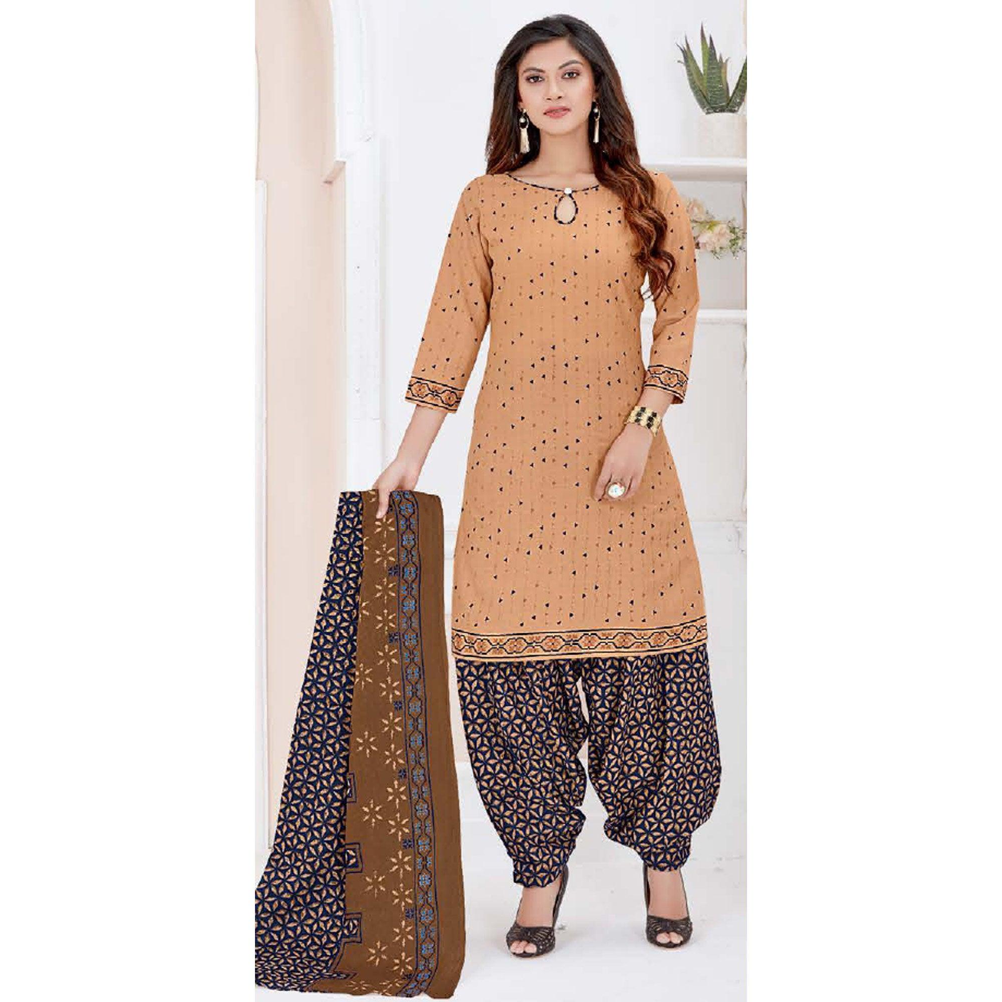 Beige Casual Wear Printed Cotton Patiala Dress Material - Peachmode