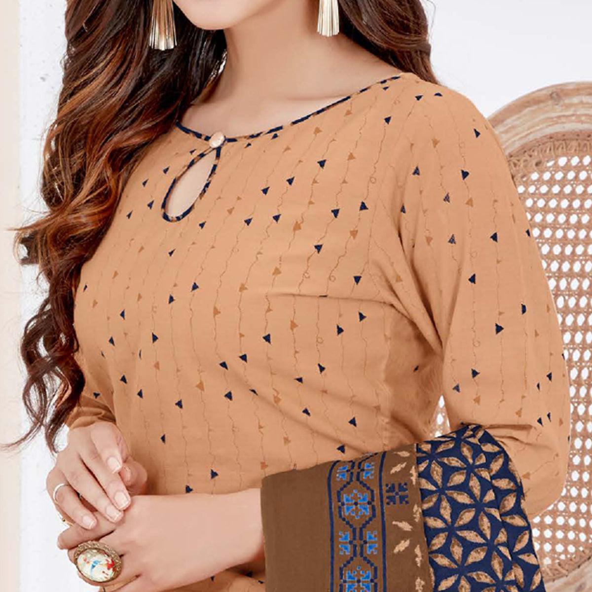 Beige Casual Wear Printed Cotton Patiala Dress Material - Peachmode