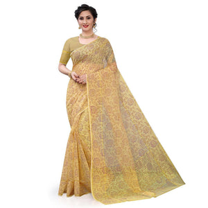 Beige Casual Wear Printed Cotton Saree - Peachmode