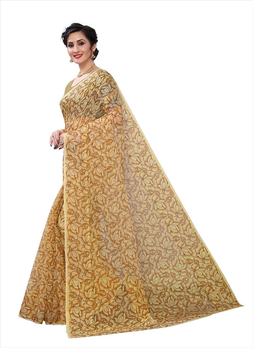 Beige Casual Wear Printed Cotton Saree - Peachmode