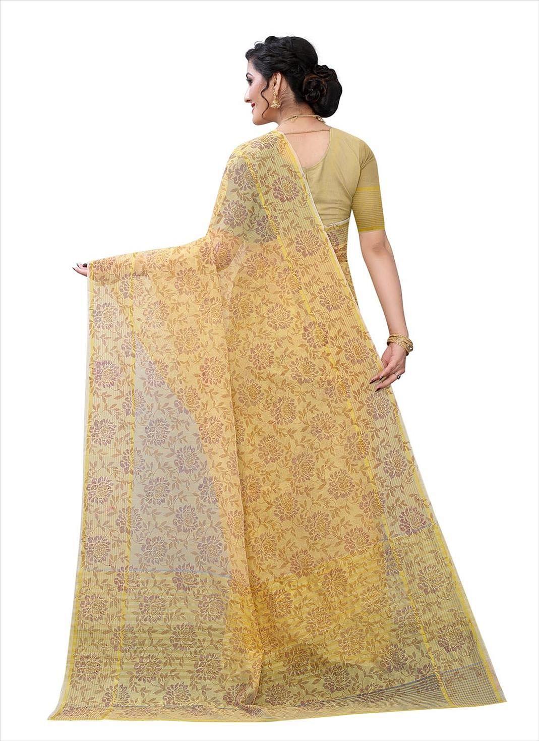 Beige Casual Wear Printed Cotton Saree - Peachmode